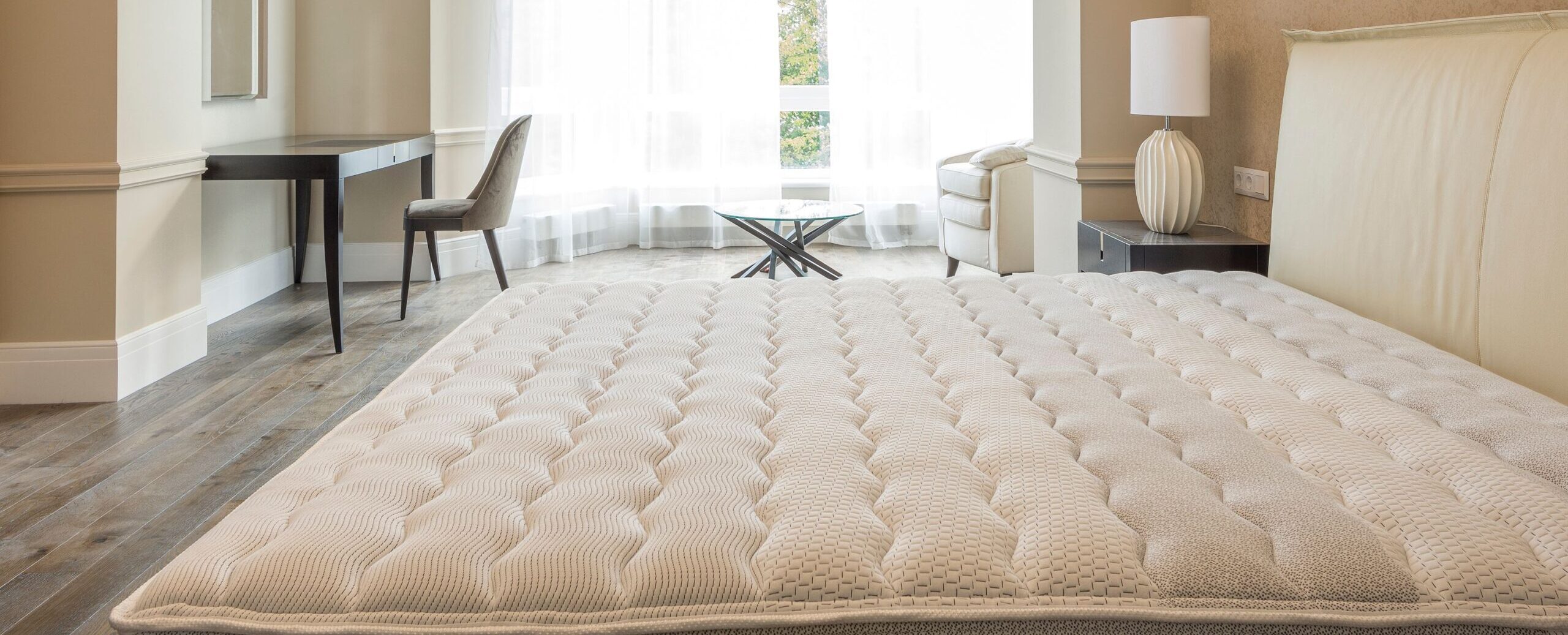 Elegant spacious bedroom with modern furniture, featuring large windows and abundant natural light.